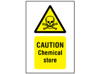 Caution chemical store symbol and text safety sign.