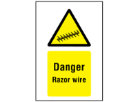 Danger razor wire symbol and text sign.