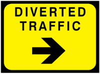 Diverted traffic, arrow right temporary road sign.