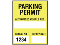 Parking permit label, yellow background, serial number