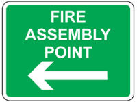 Fire assembly point, arrow left sign