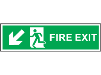 Fire exit arrow diagonal down-left symbol and text safety sign.