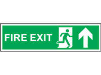Fire exit arrow up symbol and text safety sign.