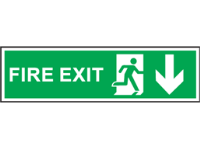 Fire exit arrow down symbol and text safety sign.