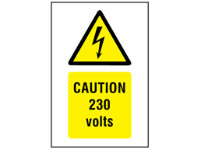 Caution 230 volts symbol and text safety sign.