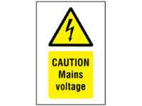 Caution Mains voltage symbol and text safety sign.