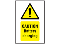 Caution Battery charging symbol and text safety sign.