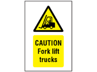 Caution Fork lift trucks symbol and text safety sign.