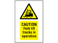 Caution Fork lift trucks in operation symbol and text safety sign.