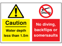 Caution water depth less than 1.5m and No diving, backflips or somersaults sign.