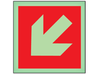 Diagonal fire arrow facing left and down symbol photoluminescent safety sign