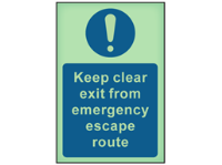 Keep clear exit from emergency escape route photoluminescent safety sign