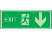 Exit, arrow down photoluminescent safety sign