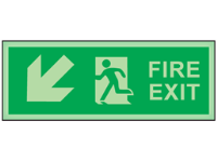 Fire exit, arrow diagonal facing the left and down photoluminescent safety sign