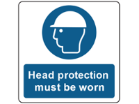 Head protection symbol and text safety label.