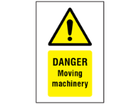 Danger Moving machinery symbol and text safety sign.