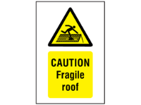 Caution Fragile roof symbol and text safety sign.