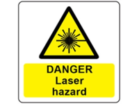 Danger laser hazard symbol and text safety label.