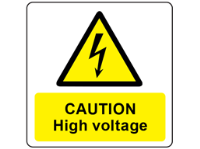 Caution high voltage symbol and text safety label.