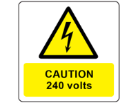 Caution 240 volts symbol and text safety label.