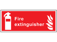Fire extinguisher symbol and text safety sign.