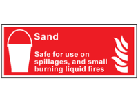 Sand Safe for spillages and small burning liquid fires symbol and text safety sign.