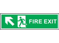 Fire exit arrow diagonal up-left symbol and text safety sign.