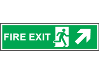 Fire exit arrow diagonal up-right symbol and text safety sign.