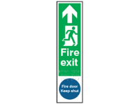 Fire exit, running man right, arrow ahead. Fire door keep shut sign.