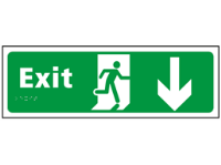 Exit, running man, arrow down sign.
