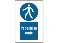 Pedestrian route symbol and text safety sign.