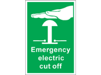 Emergency electric cut off symbol and text safety sign.