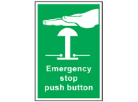 Emergency stop push button symbol and text safety sign.