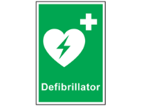 Defibrillator symbol and text safety sign.