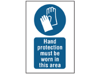 Hand protection must be worn in this area symbol and text safety sign.