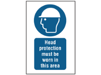 Head protection must be worn in this area symbol and text safety sign.