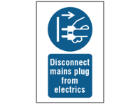 Disconnect mains plug from electrics symbol and text safety sign.