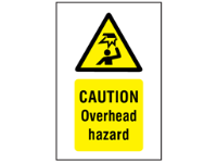 Caution Overhead hazard symbol and text safety sign.