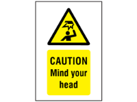 Caution Mind your head symbol and text safety sign.