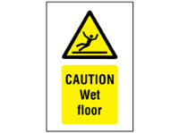 Caution, Wet floor symbol and text safety sign.