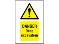 Danger, Deep excavation symbol and text safety sign.