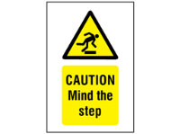 Caution, Mind the step symbol and text safety sign.