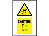 Caution Trip hazard symbol and text safety sign.