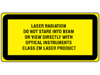 Laser radiation do not stare into beam or view directly with optical instruments, class 2M laser equipment warning label.