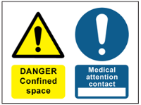 Danger confined space, medical attention contact safety sign.
