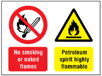 No smoking or naked flames, Petroleum spirit highly flammable safety sign.