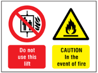 Do not use this lift, Caution in the event of fire safety sign.