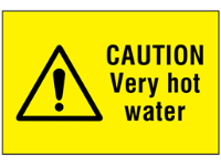 Caution very hot water symbol and text safety sign.