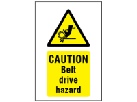 Caution Belt drive hazard symbol and text safety sign.