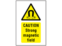 Caution Strong magnetic field symbol and text safety sign.